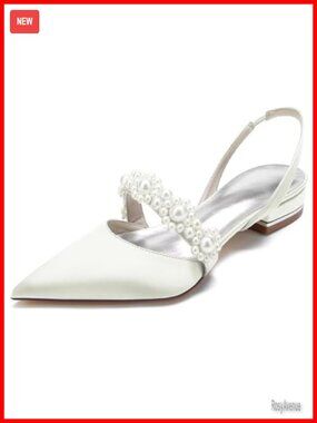 Satin Pearls Pointed Toe Slingback Flats Wedding Bride Shoes